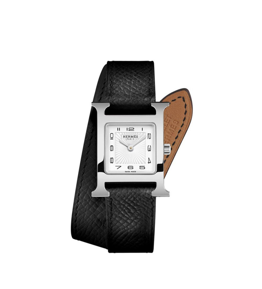 Montre Hermès Heure H PM 25 mm quartz cadran blanc boîtier acier bracelet en cuir de veau noir