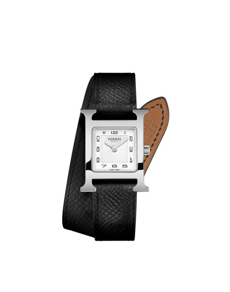 Montre Hermès Heure H PM 25 mm quartz cadran blanc boîtier acier bracelet en cuir de veau noir