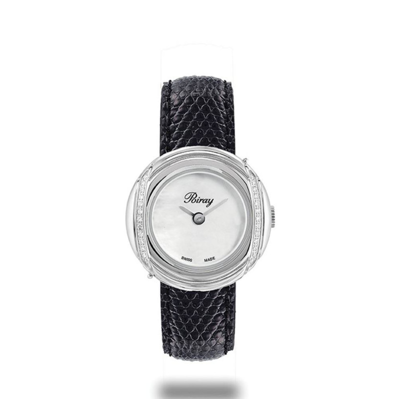 Montre Poiray Rive Droite quartz cadran en nacre blanche bracelet en lézard noir 23 mm