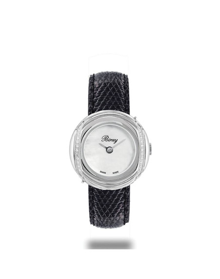Montre Poiray Rive Droite quartz cadran en nacre blanche bracelet en lézard noir 23 mm