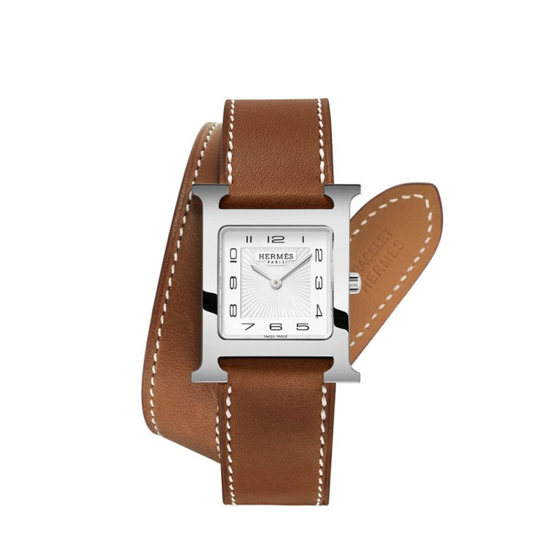 Montre Hermès Heure H GM 34 mm quartz cadran blanc boîtier acier bracelet en cuir de veau lisse