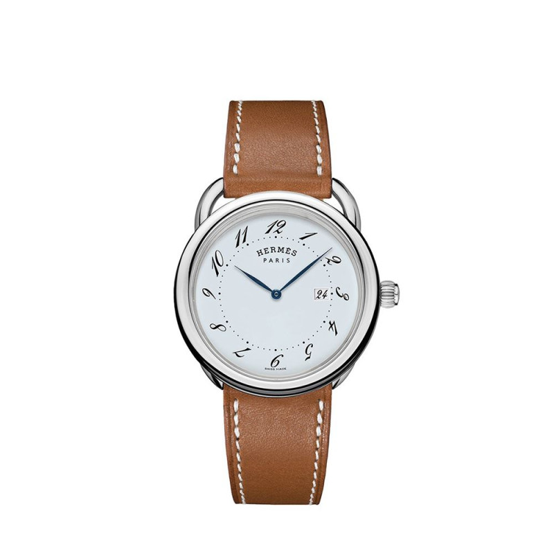 Montre Hermès Arceau GM 38mm quartz cadran laqué blanc boîtier acier bracelet en cuir de veau Barénia naturel