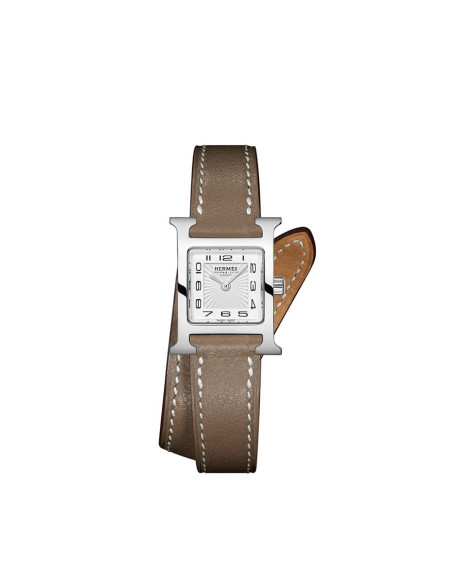 Montre Hermès Heure H MM 21 mm quartz cadran blanc boîtier acier bracelet en cuir de veau taupe
