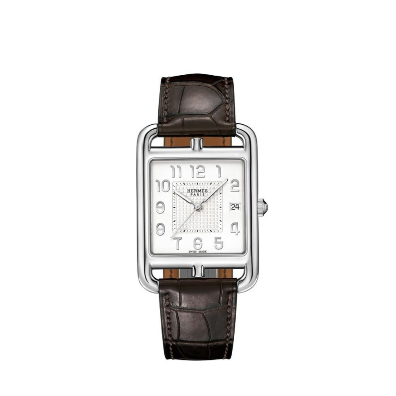 Montre Hermès Cape Cod GM 41 mm quartz cadran argenté opalin bracelet en cuir d'alligator marron
