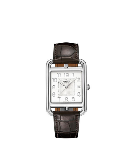 Montre Hermès Cape Cod GM 41 mm quartz cadran argenté opalin bracelet en cuir d'alligator noir
