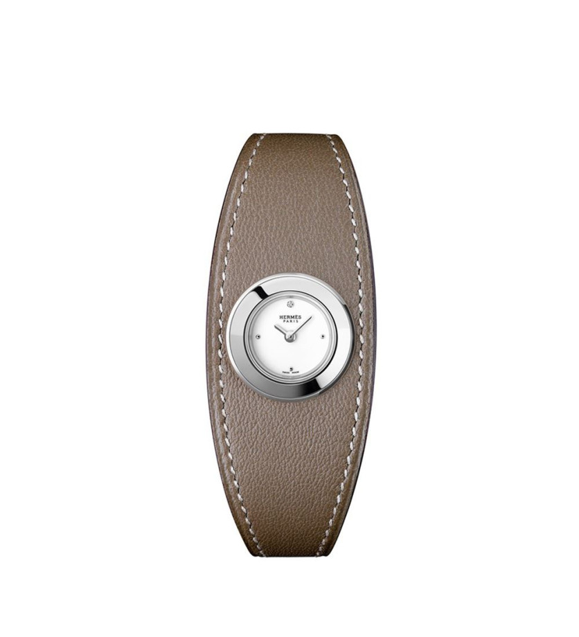 Montre Hermès Faubourg Manchette 19,5 mm quartz cadran laqué blanc boîtier acier bracelet en cuir de veau étoupe