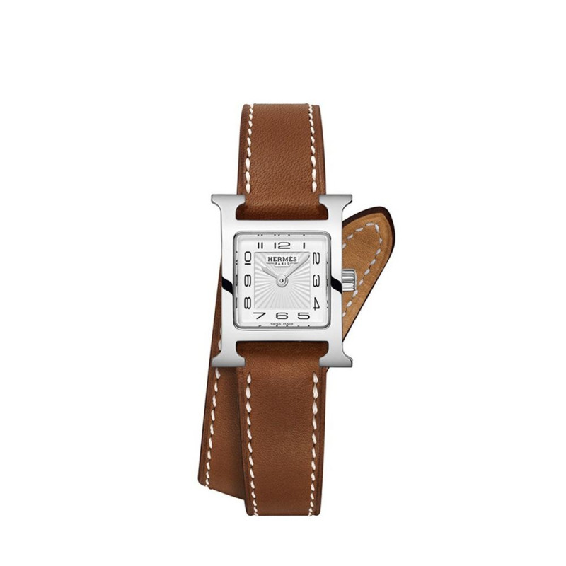 Montre Hermès Heure H MM 21 mm quartz cadran laqué blanc boîtier acier bracelet en cuir de veau Barénia naturel