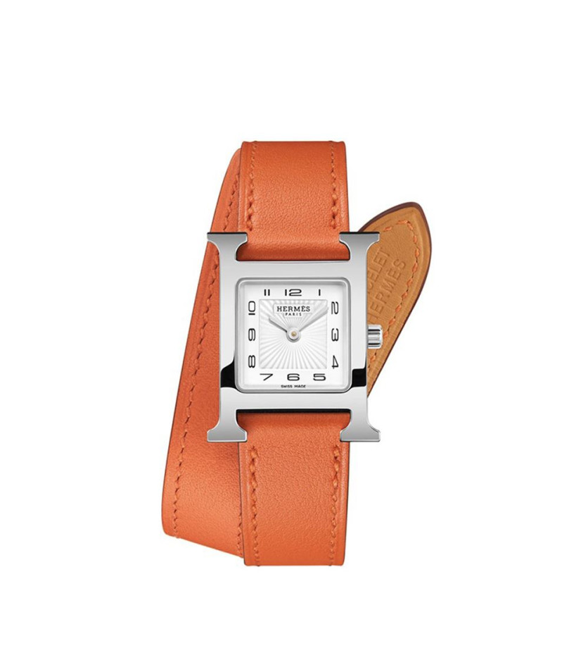 Montre Hermès Heure H PM quartz cadran blanc boîtier acier bracelet en cuir de veau lisse orange