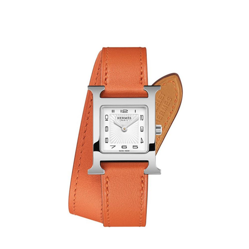 Montre Hermès Heure H PM quartz cadran blanc boîtier acier bracelet en cuir de veau lisse orange