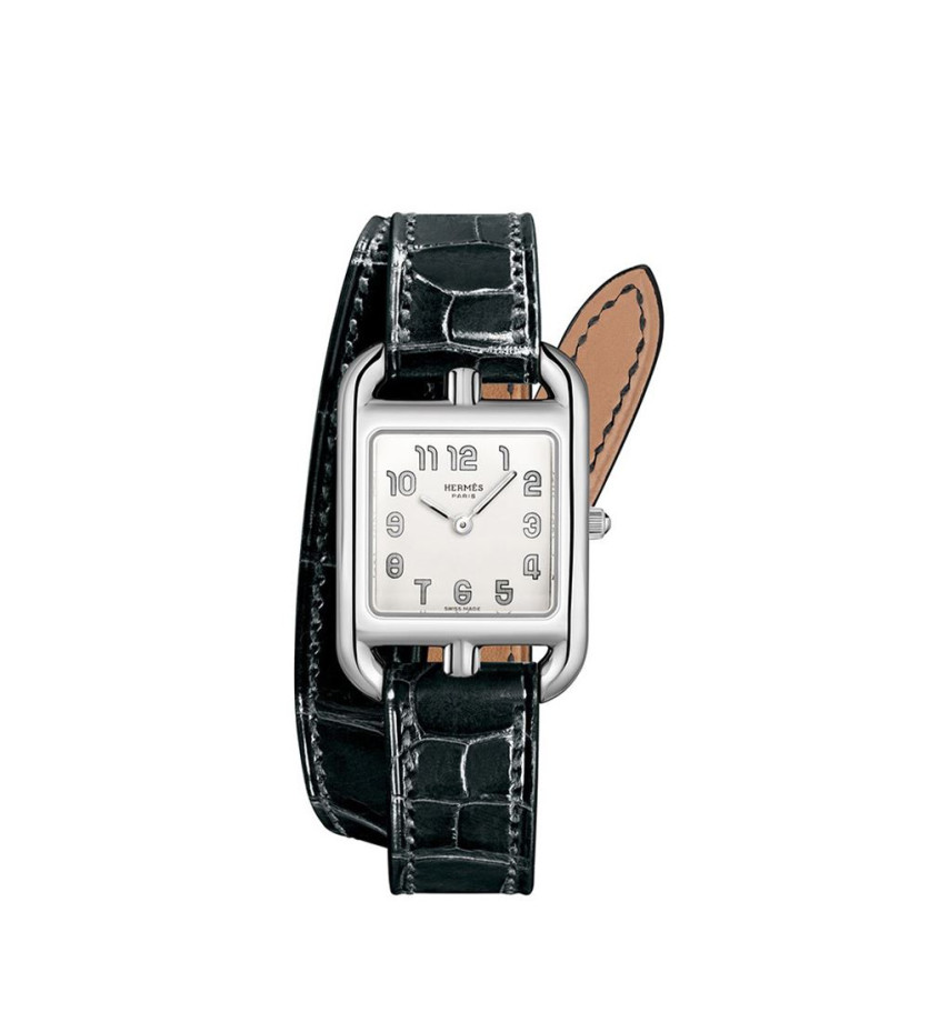 Montre Hermès Cape Cod PM 31 mm quartz cadran argenté opalin boîtier acier bracelet en cuir d'alligator noir