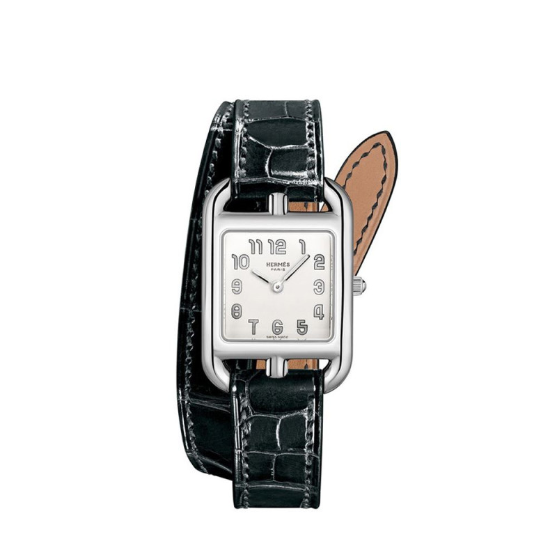 Montre Hermès Cape Cod PM 31 mm quartz cadran argenté opalin boîtier acier bracelet en cuir d'alligator noir