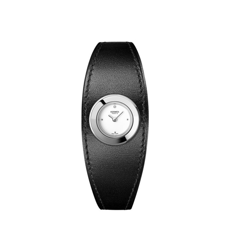 Montre Hermès Faubourg Manchette 19,5 mm quartz cadran blanc boîtier acier bracelet en cuir de veau noir
