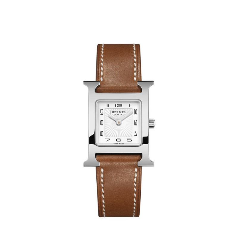 Montre Hermès Heure H PM quartz cadran blanc boîtier acier bracelet en cuir de veau Barénia