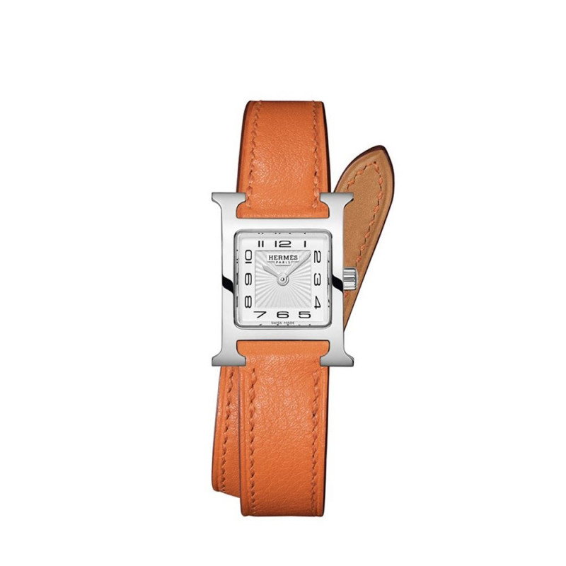 Montre Hermès Heure H MM 21 mm quartz cadran blanc boîtier acier bracelet en cuir de veau lisse orange