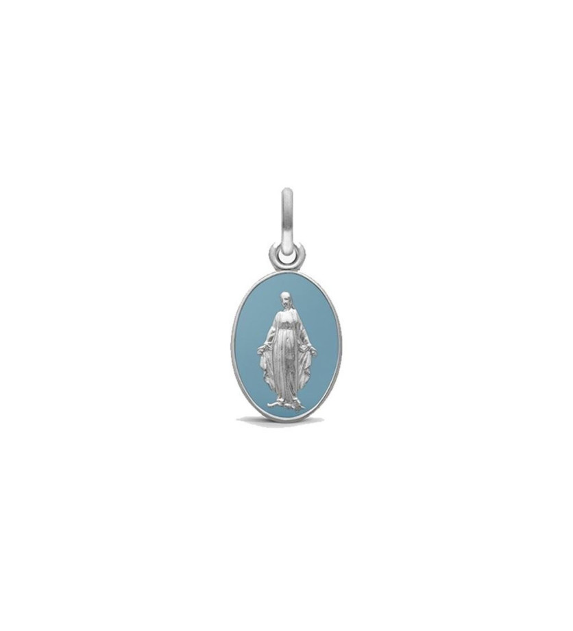 Médaille Vierge Miraculeuse 13 mm or blanc sablé laque bleue