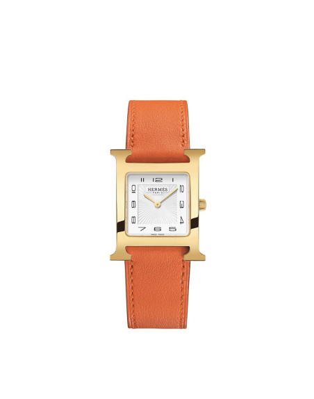 Montre Hermès Heure H MM 30 mm quartz cadran laqué blanc boîtier acier plaqué or bracelet en cuir de veau lisse orange