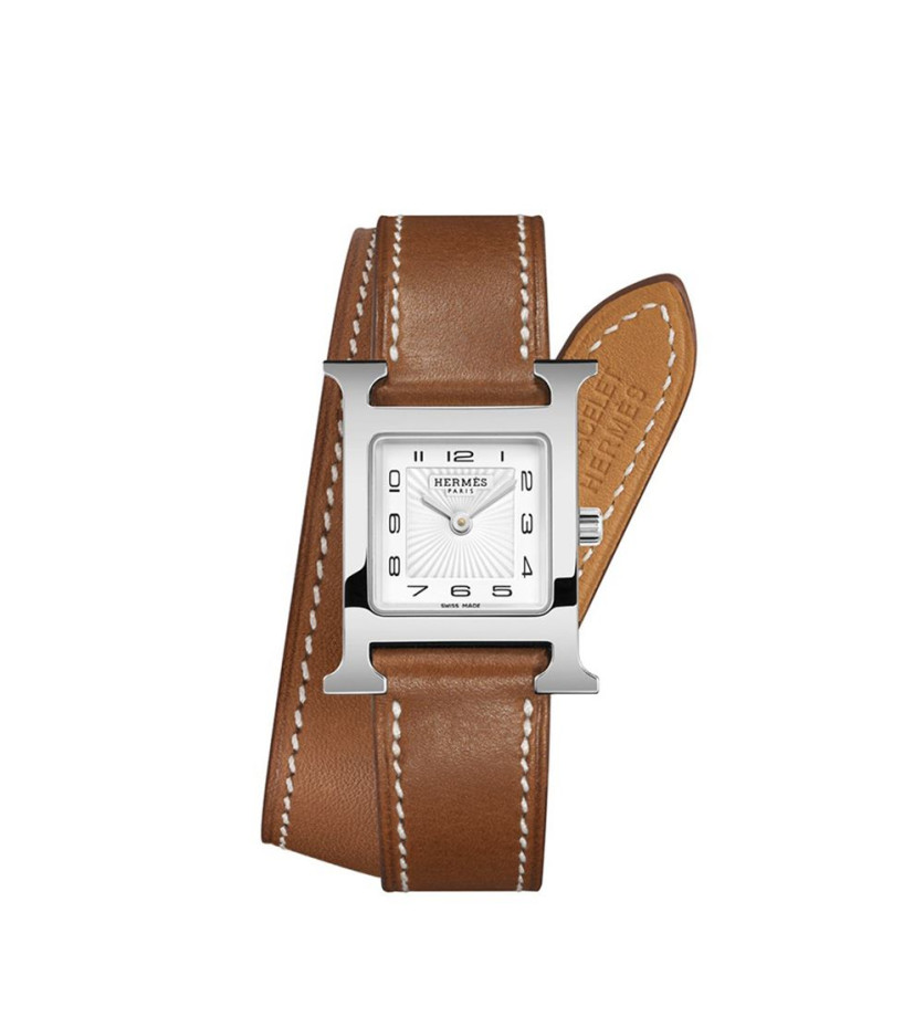 Montre Hermès Heure H PM 25 mm quartz cadran laqué blanc boîtier acier bracelet en cuir de veau Barénia camel
