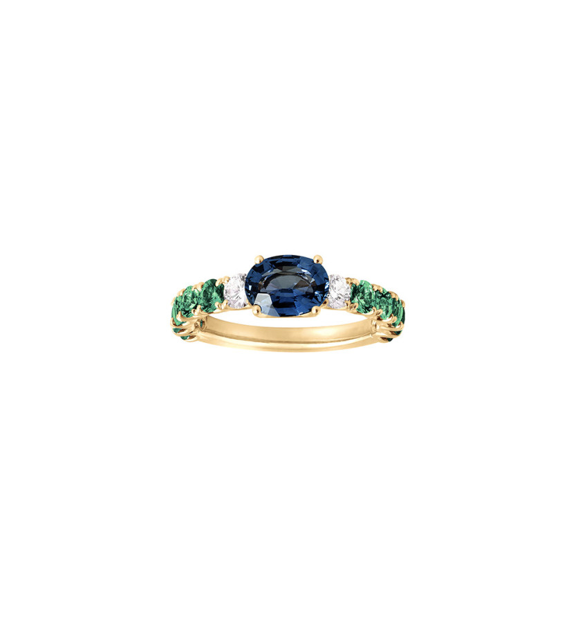 Bague or jaune saphir bleu ovale 0,93ct émeraudes 1,10ct diamants 0,20ct