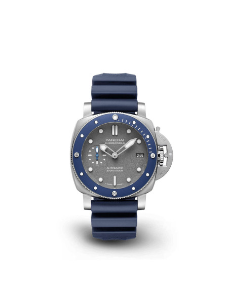 Montre Panerai Luminor Submersible 42 mm automatique cadran gris boîtier acier bracelet en caoutchouc bleu