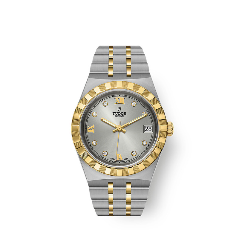 Montre Tudor Royal 34 mm automatique cadran argenté index diamants bracelet en acier et or jaune 18 carats