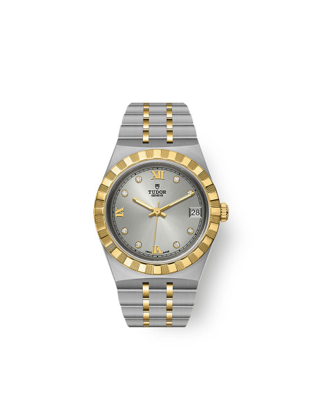 Montre Tudor Royal 34 mm automatique cadran argenté index diamants bracelet en acier et or jaune 18 carats