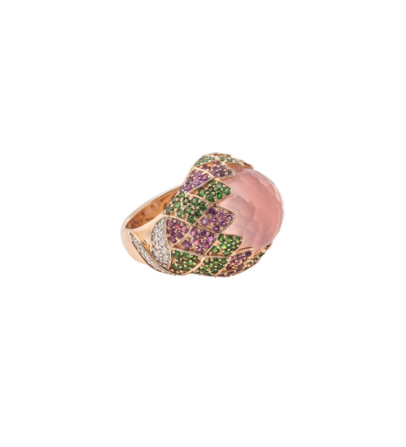 Bague Anahide or rose quartz rose monture effet palmettes tsavorites améthystes diamants