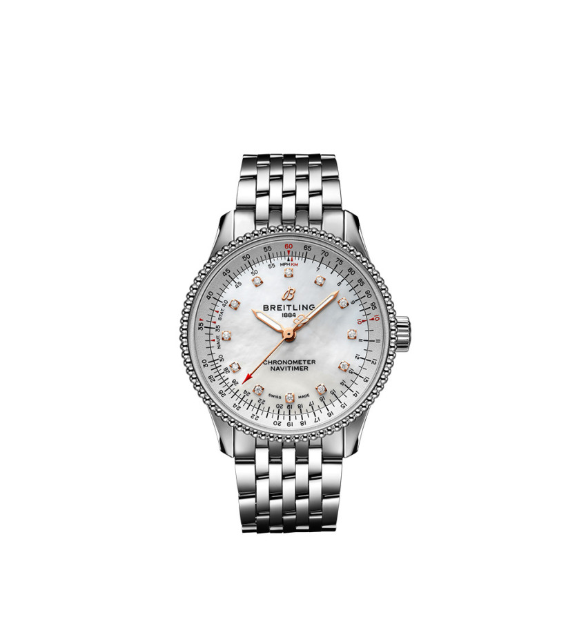 Montre Breitling Navitimer Automatic 35 mm cadran nacre blanc index diamants bracelet acier
