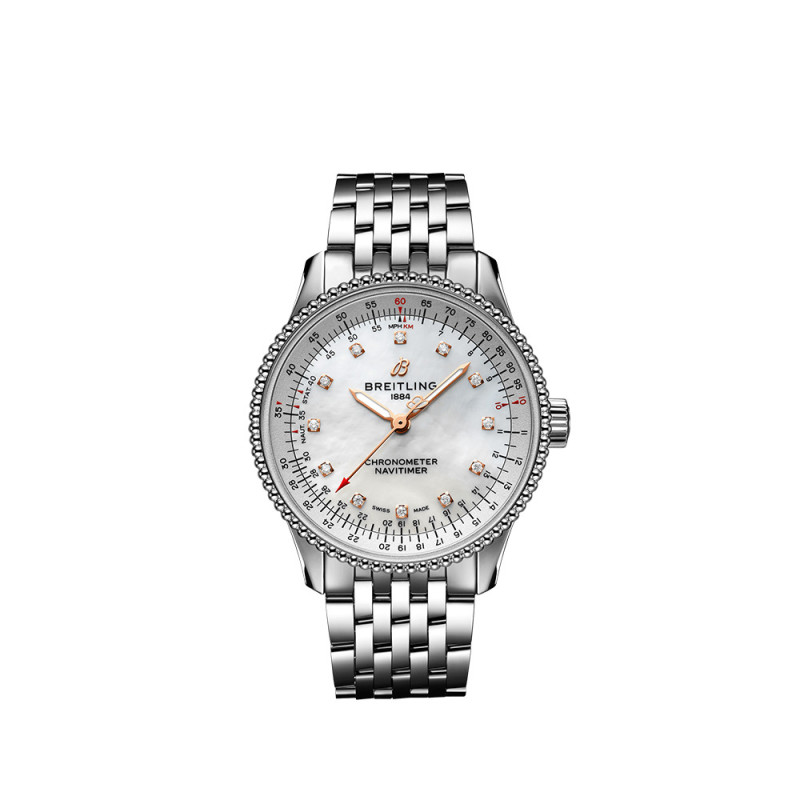 Montre Breitling Navitimer Automatic 35 mm cadran nacre blanc index diamants bracelet acier