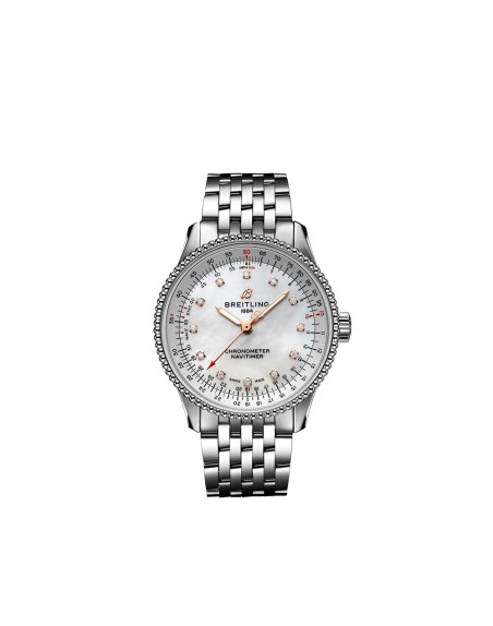 Montre Breitling Navitimer Automatic cadran nacre blanche index diamants bracelet acier 35mm