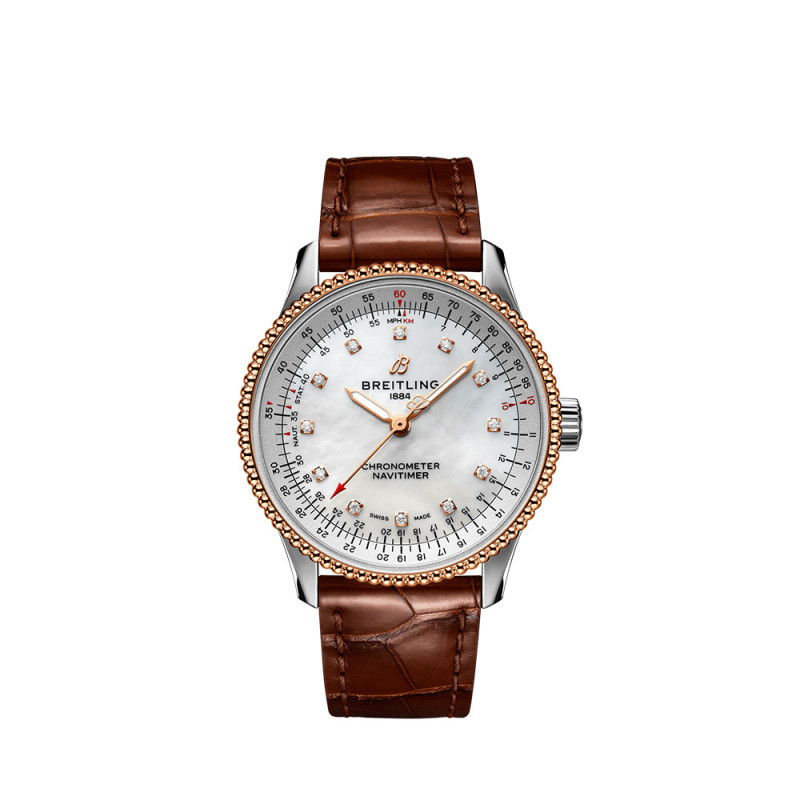 Montre Breitling Navitimer Automatic cadran blanc index diamants bracelet en cuir d'alligator brun 35mm