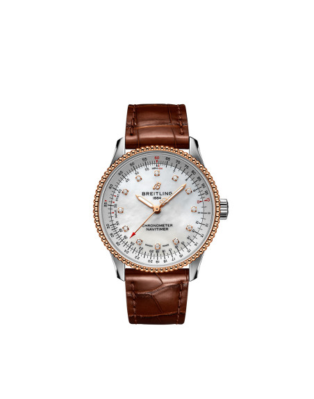 Montre Breitling Navitimer Automatic cadran blanc index diamants bracelet en cuir d'alligator brun 35mm