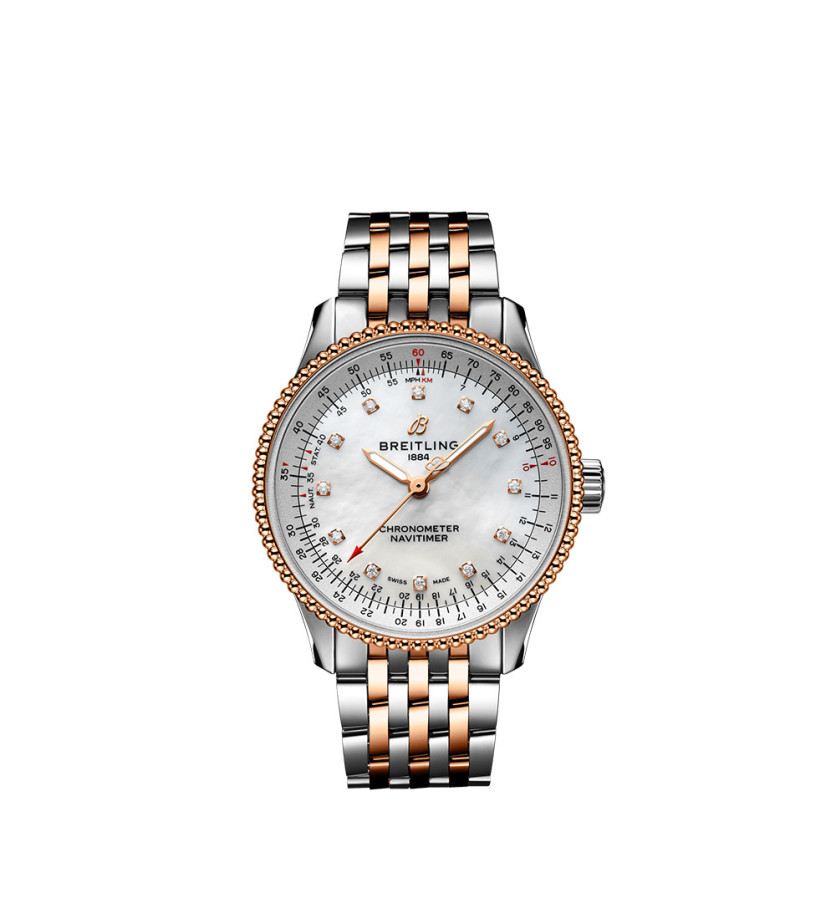 Montre Breitling Navitimer Automatic cadran blanc index diamants bracelet acier et or rouge 18K 35mm