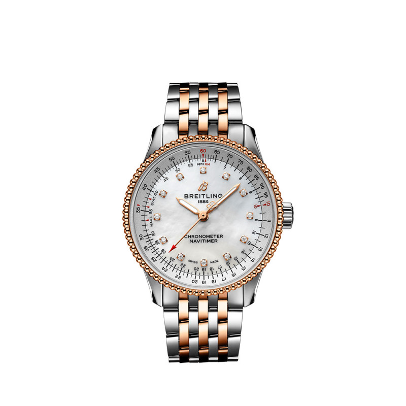Montre Breitling Navitimer Automatic 35 mm cadran blanc index diamants bracelet acier et or rouge 18K