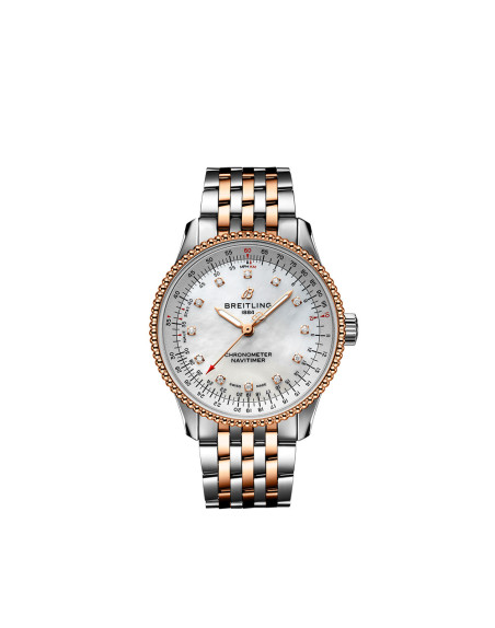 Montre Breitling Navitimer Automatic cadran blanc index diamants bracelet acier et or rouge 18K 35mm