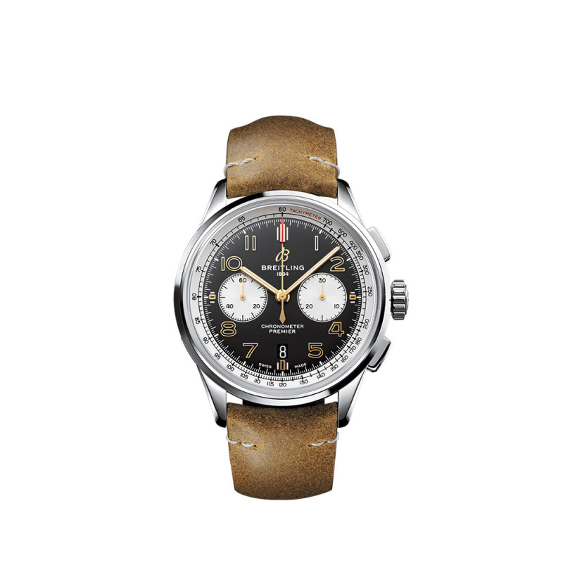 Montre Breitling Premier B01 Chronograph Norton automatique cadran noir bracelet en cuir de veau brun 42mm