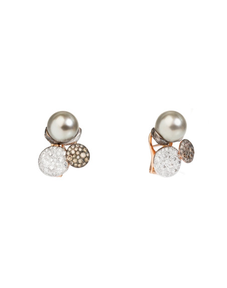 Boucles d'oreille Pomellato or rose perle de tahiti diamants blanc et bruns