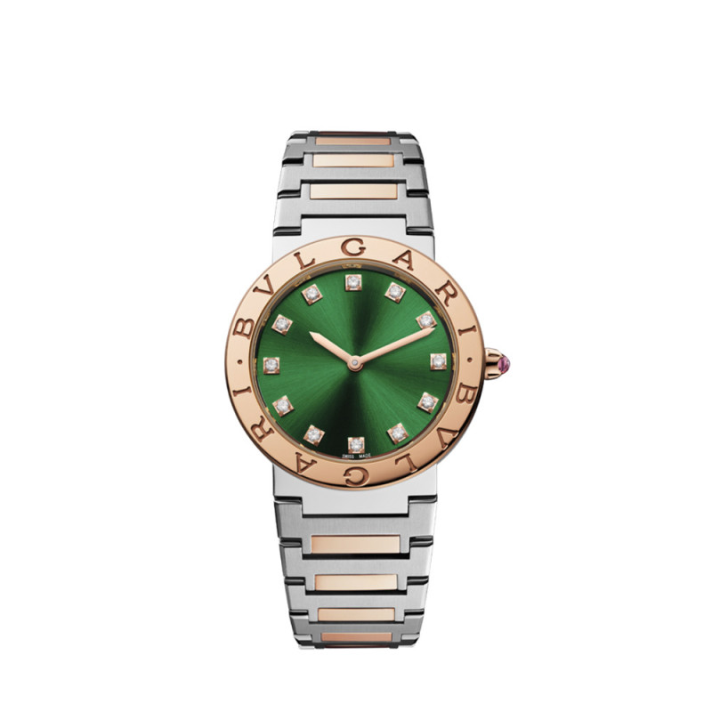 Montre Bulgari Bvlgari Bvlgari Lady cadran laqué vert satiné soleil et diamants bracelet en or rose 18K et acier inoxydable