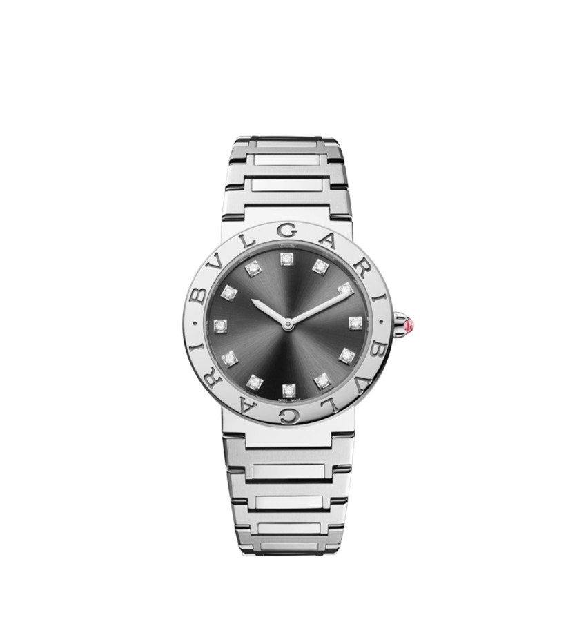 Montre Bvlgari Bvlgari Lady cadran laqué gris, diamants bracelet en acier inoxydable 33 mm