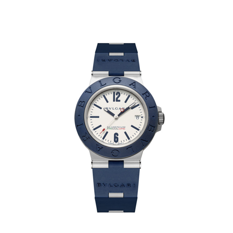 Montre Bvlgari Aluminium Tricolore cadran gris et logo tricolore bracelet en caoutchouc bleu 40 mm