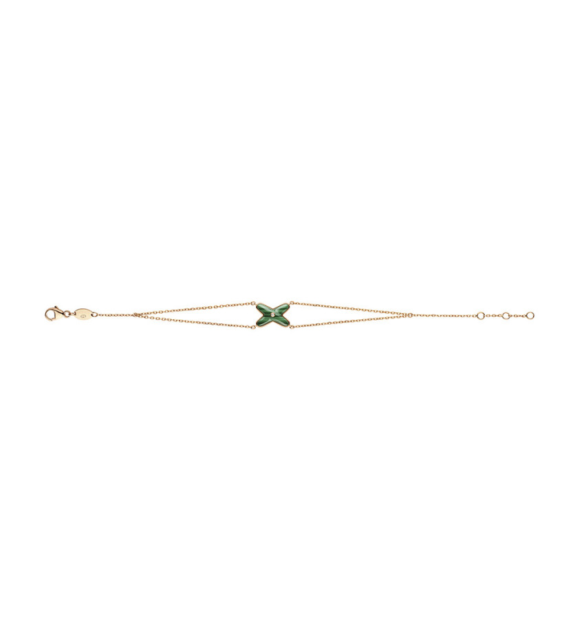 Bracelet Jeux de Liens malachite et un diamant sur double chaîne en or rose 17cm, ajustable