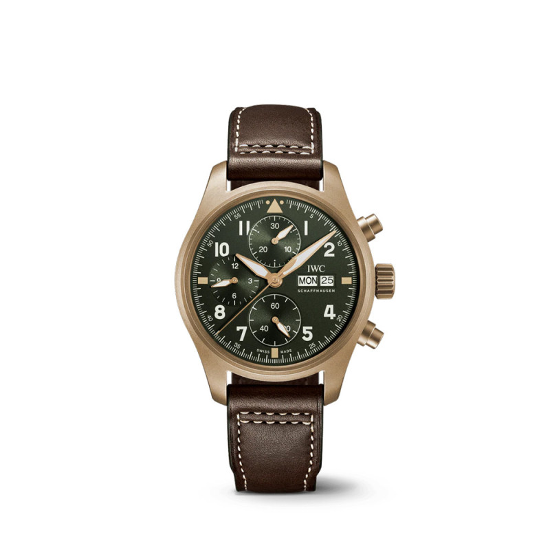 Montre IWC d'Aviateur Chronographe 41 mm Spitfire cadran vert boîtier en bronze bracelet en cuir de veau brun