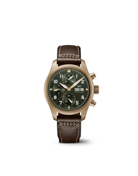 Montre IWC d'Aviateur Chronographe 41 mm Spitfire cadran vert boîtier en bronze bracelet en cuir de veau brun
