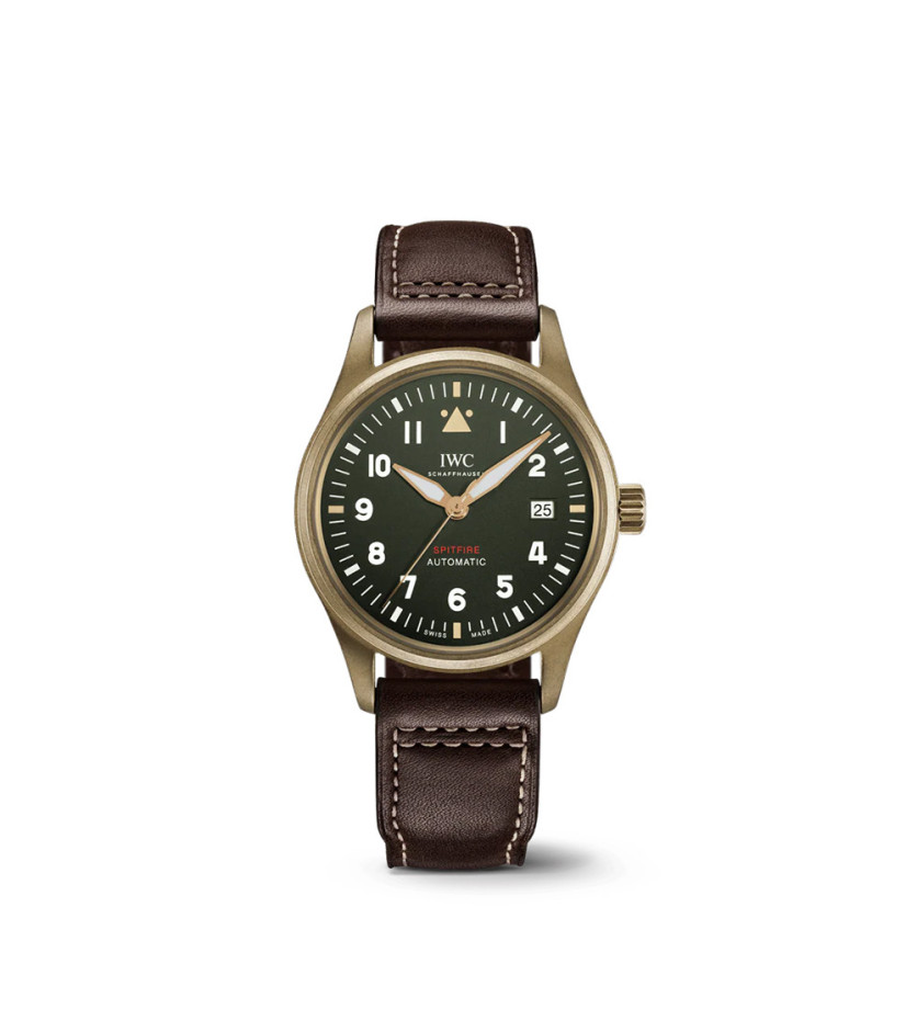 Montre IWC d'Aviateur Spitfire 39 mm automatique cadran vert boîtier en bronze bracelet en cuir de veau brun