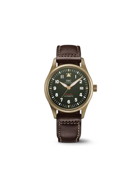 Montre IWC d'Aviateur Spitfire 39 mm automatique cadran vert boîtier en bronze bracelet en cuir de veau brun