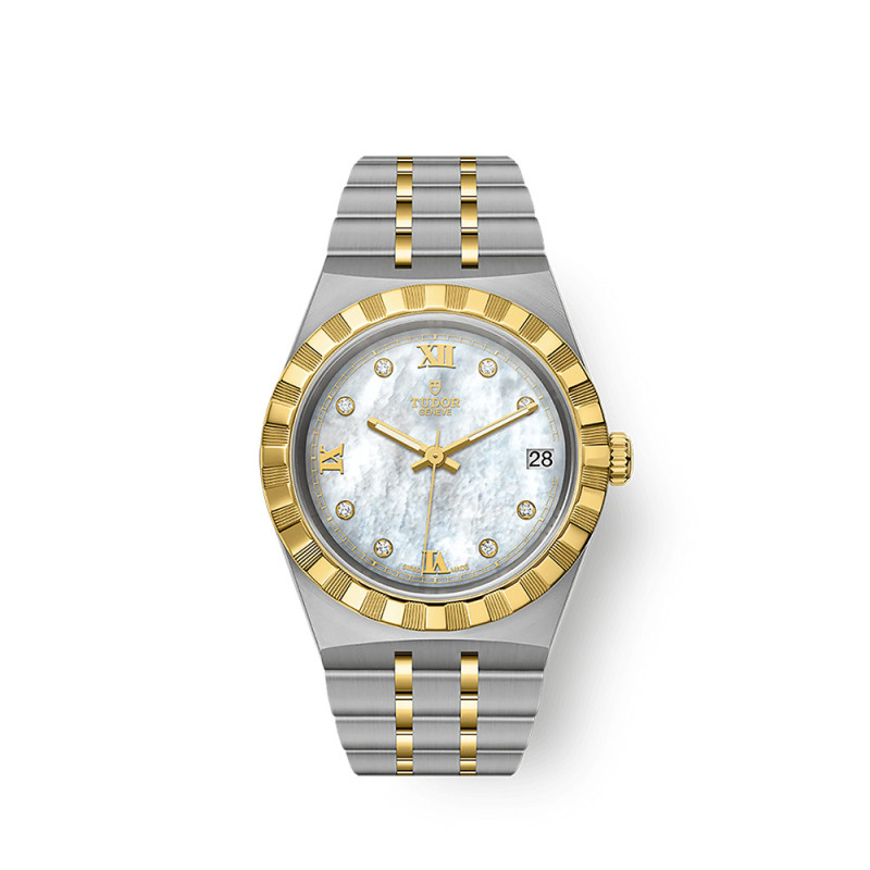 Montre Tudor Royal 34mm automatique cadran nacre blanche index diamants boîtier acier bracelet en acier et or jaune 18 carats