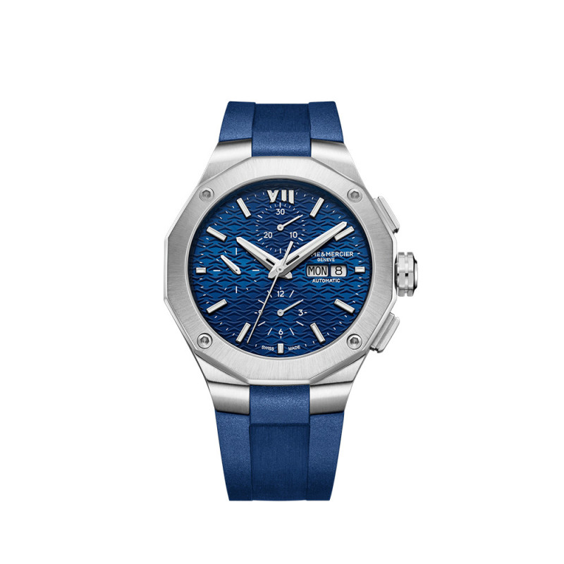 Montre Baume & Mercier Riviera Chronographe 43mm Automatique Acier Cadran Bleu Bracelet Caoutchouc Bleu