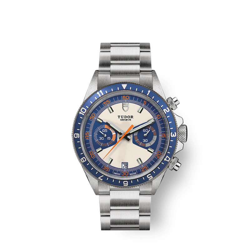 Montre Tudor Heritage Chronographe automatique acier cadran opalin et bleu bracelet acier 42mm