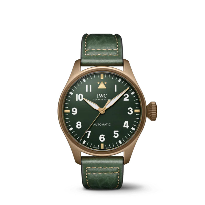 Montre IWC Grande Montre d'Aviateur Spitfire 43 mm automatique cadran vert boîtier en bronze bracelet en cuir de buffle vert