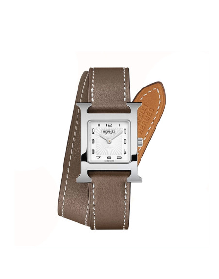 Montre Hermès Heure H PM 25 mm quartz cadran blanc boîtier acier bracelet en cuir de veau étoupe