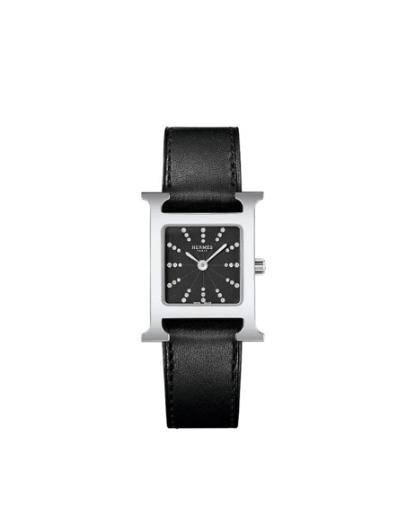 Montre Hermès Heure H PM 25 mm quartz cadran noir serti boîtier acier bracelet en cuir de veau Barénia noir
